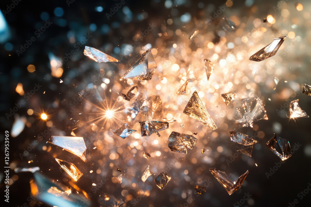 Poster Shattered glass explodes in a burst of golden light, creating a dramatic and dazzling display.
