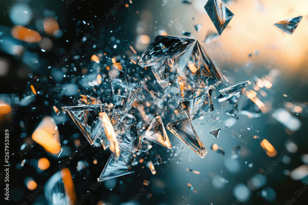 Poster shattered crystal fragments explode in a vibrant burst of light and color, a mesmerizing spectacle o