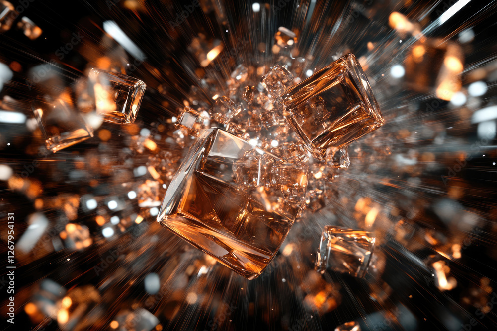 Poster Amber glass cubes explode in a burst of light and motion, creating a dynamic and energetic visual.