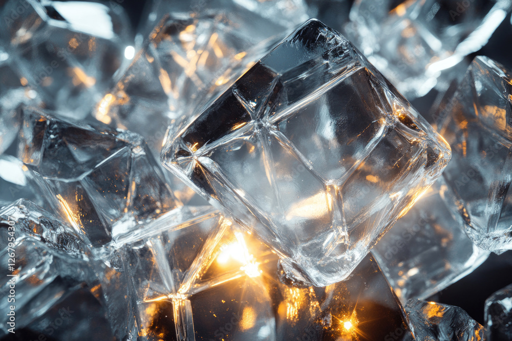 Poster close-up of glistening ice cubes, reflecting light, showcasing their crystalline structure and trans