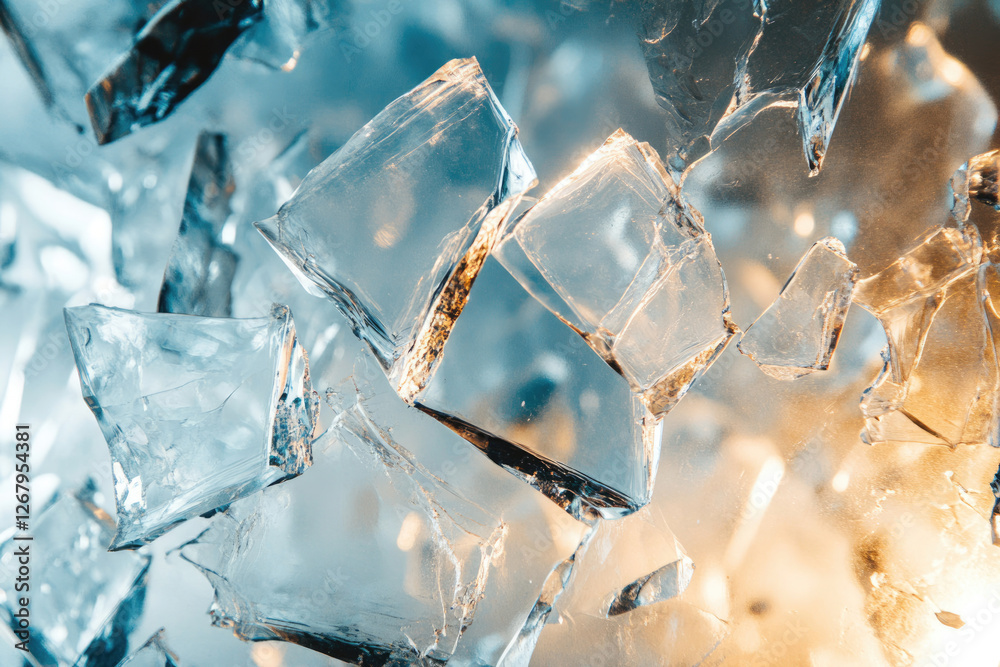 Poster shattered ice shards, translucent and glistening, capture light in a mesmerizing display of fragment