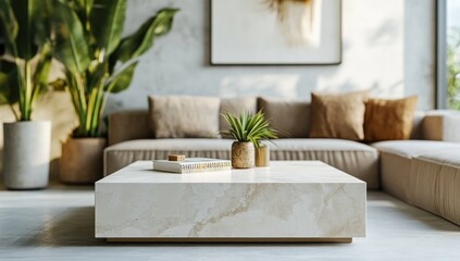 Serene Minimalist Living Room Interior Design: Modern Beige Sofa, Marble Coffee Table, and Lush Greenery