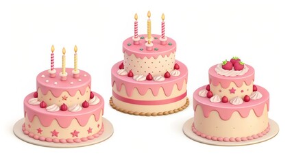 Pink Birthday Cakes Isolated on White Background, Cake, Dessert