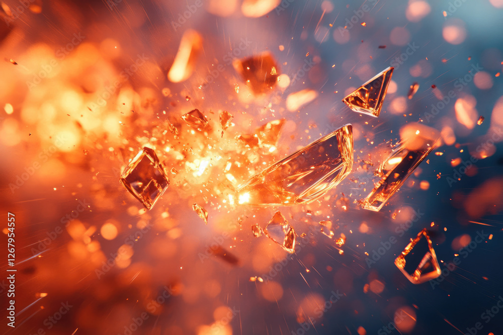 Poster Fiery explosion with shards of glass scattering in a dynamic motion, creating a captivating visual effect.