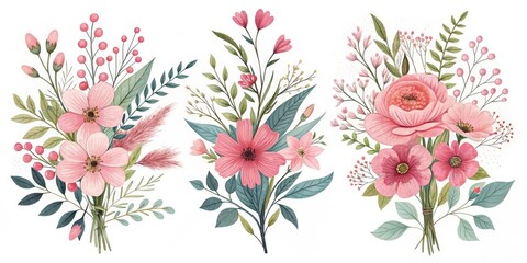 Pink Floral Bouquets, Isolated on White Background, Watercolor Illustration, Botanical Art, Flower Arrangement Floral Design, Wedding