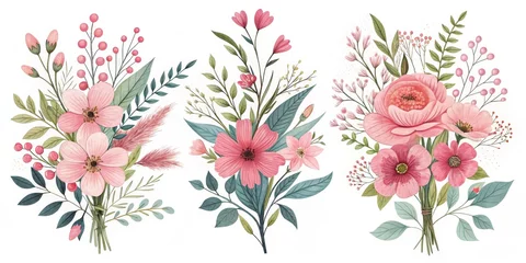 Fotobehang Pink Floral Bouquets, Isolated on White Background, Watercolor Illustration, Botanical Art, Flower Arrangement Floral Design, Wedding © NorthStar Creations