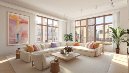 Fototapeta premium Luxury Apartment with City Views: Modern Living Room Design