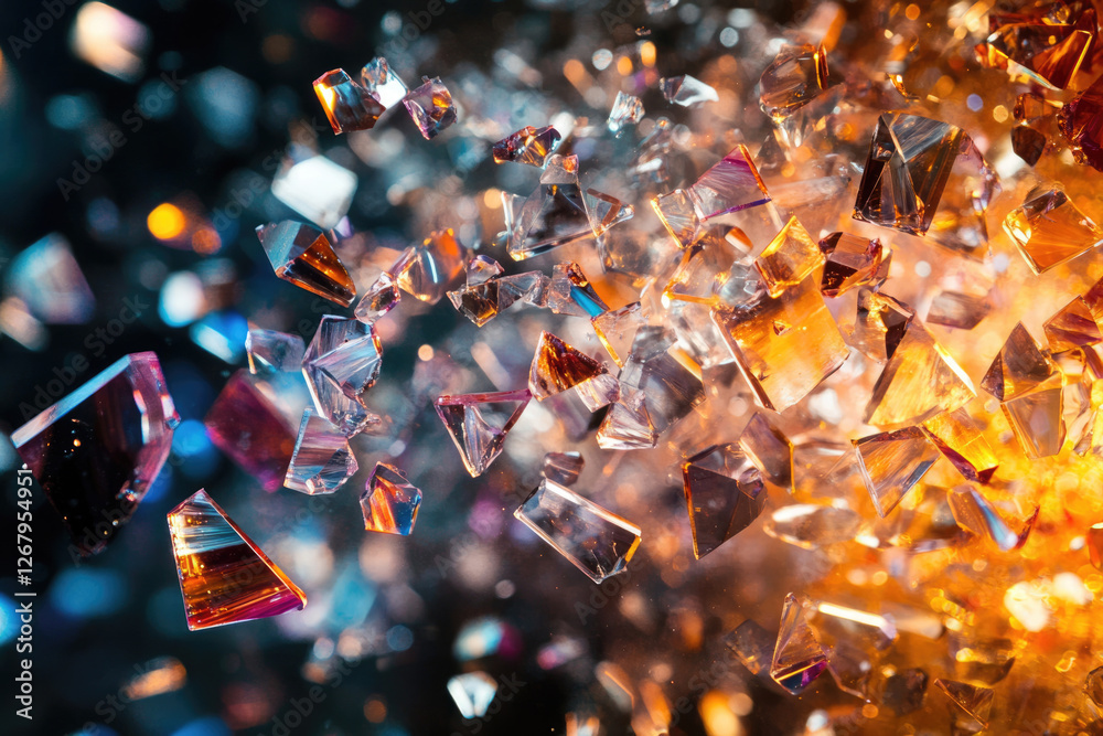 Poster Vibrant shards of shattered glass explode in a mesmerizing display of color and light.