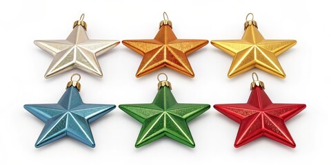 Obraz premium Six Colorful Glitter Star Ornaments Isolated on White Background, Christmas, Decoration
