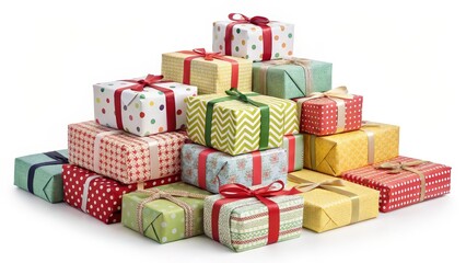 Obraz premium Stack of Wrapped Gifts Isolated on White Background, Holiday, Present Gift, Wrapping