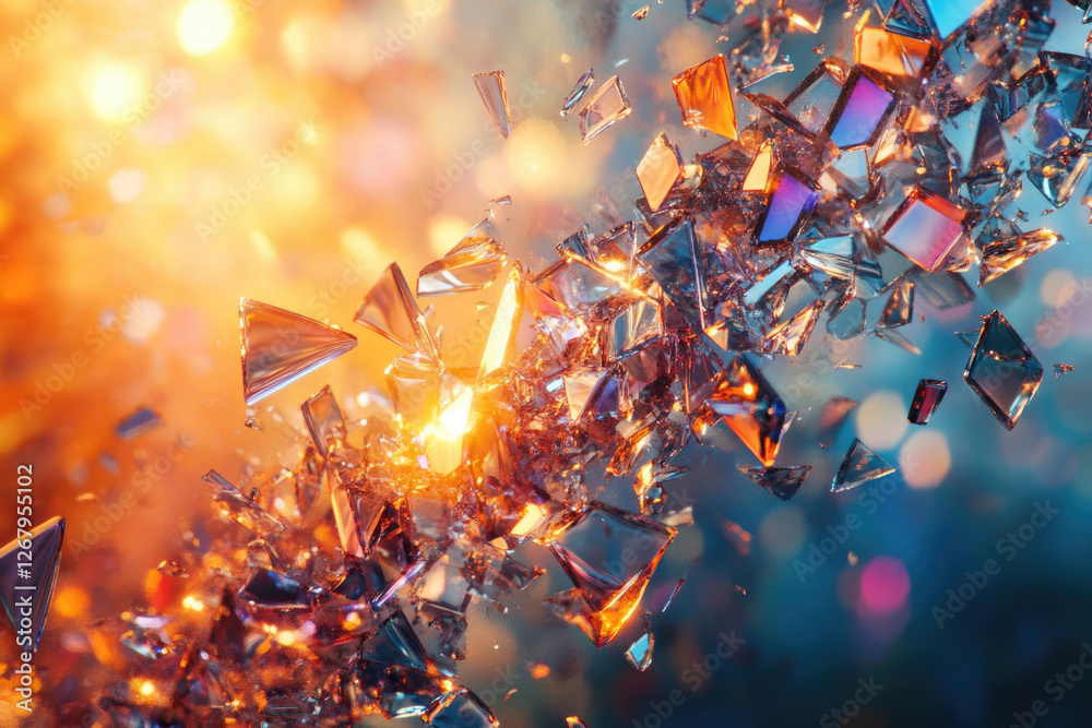Poster Shattered glass explodes in a vibrant burst of color and light, a dynamic and abstract image.