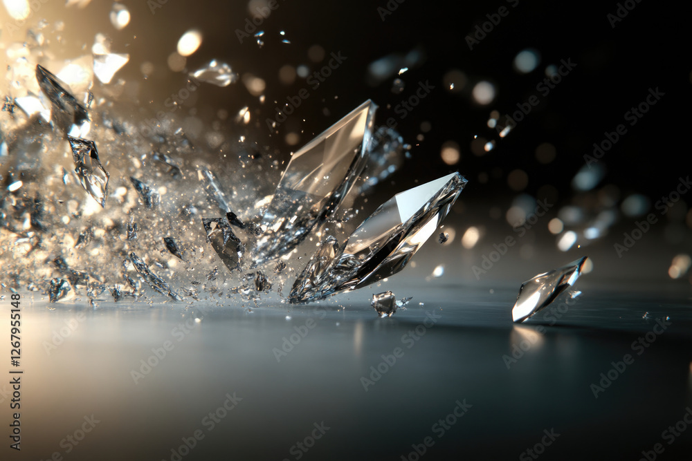 Poster Shattered glass fragments explode in a dramatic display of destruction and disintegration.