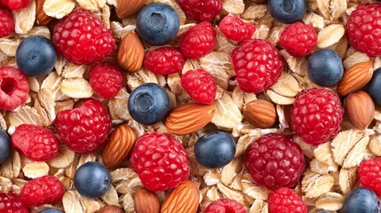 Close-up of oatmeal with raspberries, blueberries, and almonds. A healthy and delicious breakfast.