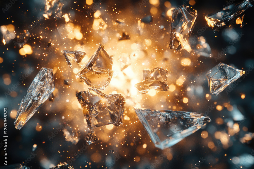 Poster shattered glass explodes in a fiery, golden burst, creating a dramatic and energetic visual spectacl