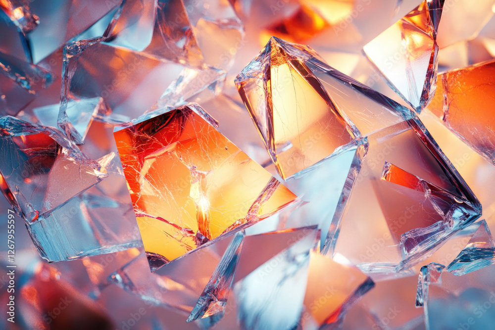 Poster shattered glass fragments, illuminated with warm and cool tones, create an abstract, colorful, and t