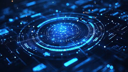 Abstract digital interface, futuristic technology, glowing network, circular design, for website background