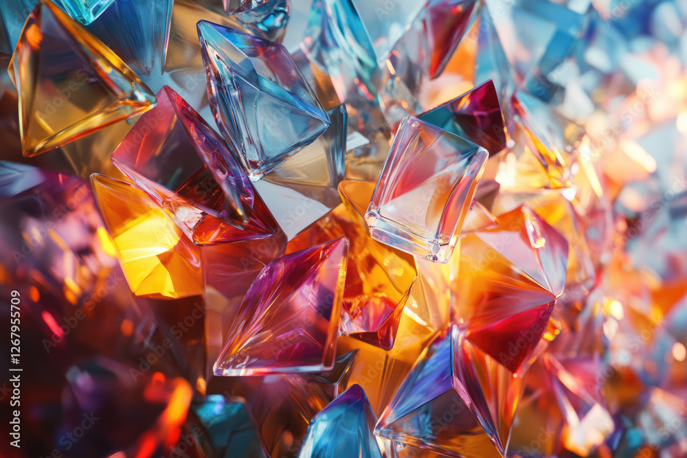 Poster a vibrant cluster of colorful,faceted glass gems, illuminated with warm light, creates a dazzling di