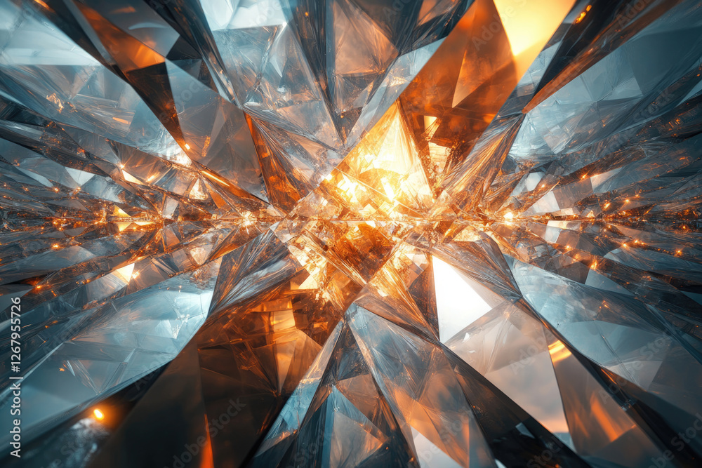 Poster abstract image of a glowing crystal structure with sharp edges and warm, orange hues.