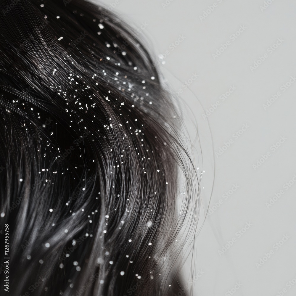 Fototapete close up view of dandruff flakes on dark hair strands with space for text in a clean setting and nat