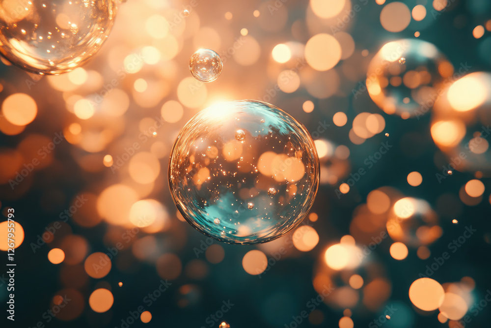 Poster floating translucent spheres with inner lights, creating a dreamy, ethereal ambiance.