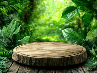 Round Wooden Display Stand with Natural Bark Edges, Surrounded by Lush Green Leaves Under Soft Light, Creating a Tropical and Organic Product Presentation Concept