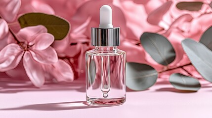 Pink Flowers Surround Glass Dropper Bottle Of Serum