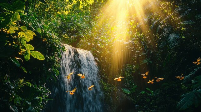 National Geographic Lush tropical jungle with cascading waterfalls, vibrant green foliage, and exotic birds flying through sunbeams piercing the dense canopy.