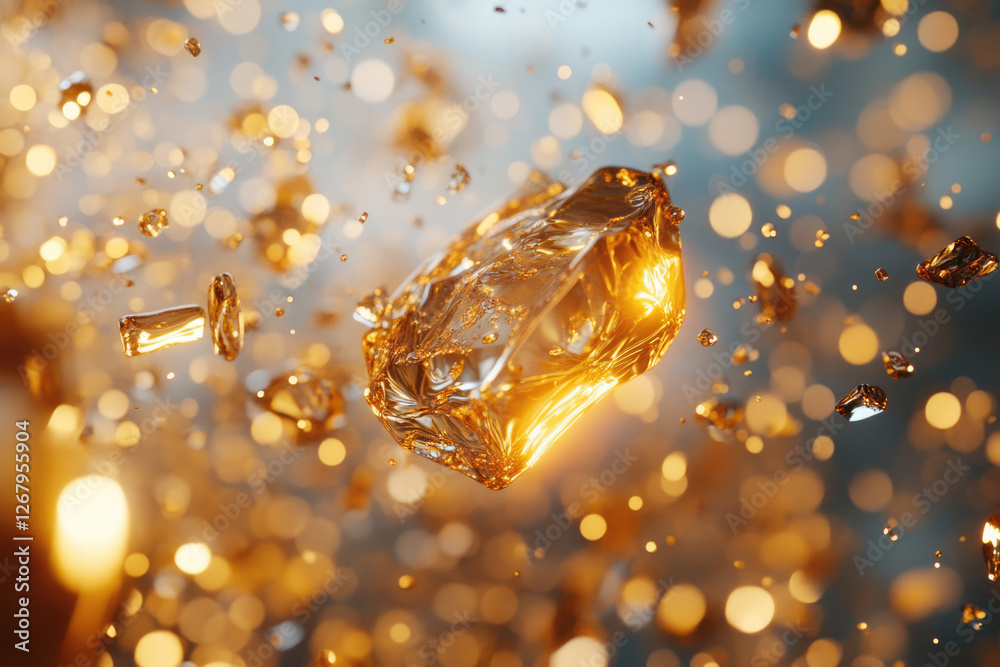 Aufkleber a luminous golden crystal shard floats amidst a shower of sparkling fragments, creating a captivatin