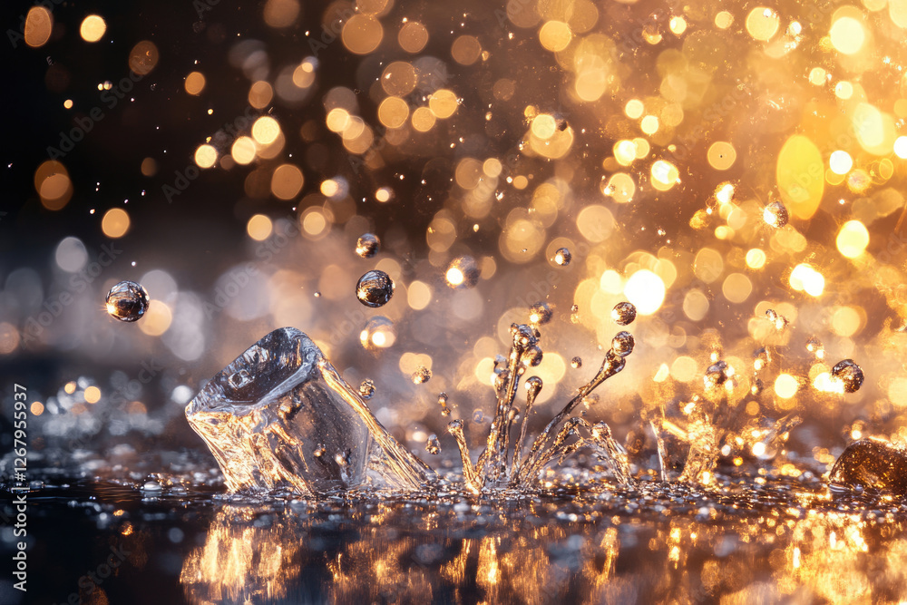 Fototapete Ice cube splashing into water, creating a stunning golden bokeh effect.