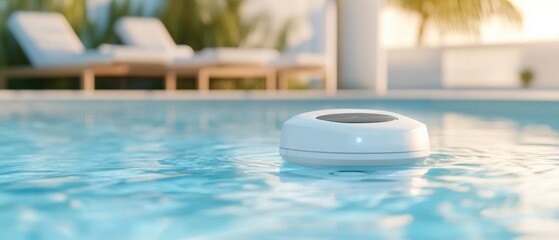 Pool Water Sensor floating on a pool with lounge chairs in the background