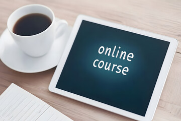 Online learning setup: tablet displaying an "online course" message, a cup of coffee, and notebook on a wooden desk, ideal for remote education and digital studies.