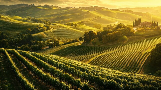 National Geographic Lush vineyard on rolling hills, bathed in golden evening sunlight.