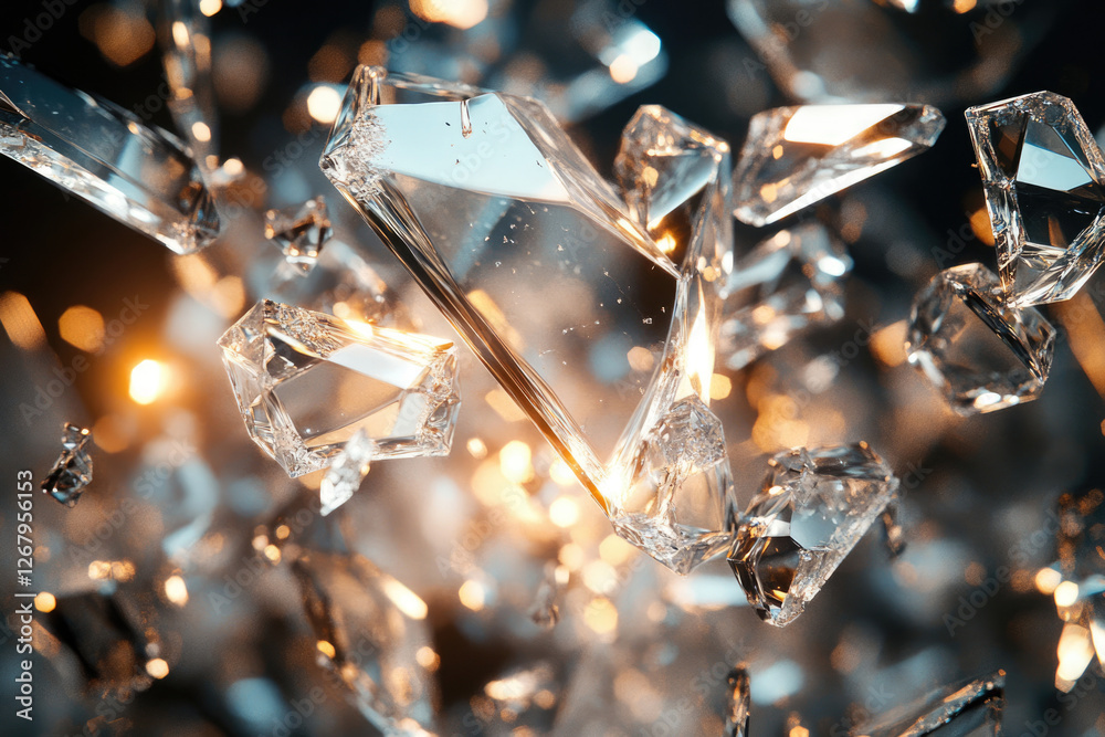 Poster shattered glass fragments in motion, sparkling with light, creating a dramatic and visually stunning