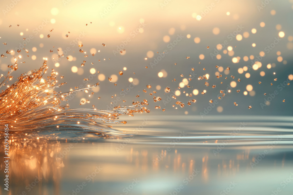 Poster Golden liquid splash with sparkling bokeh lights, creating a luxurious and elegant visual.