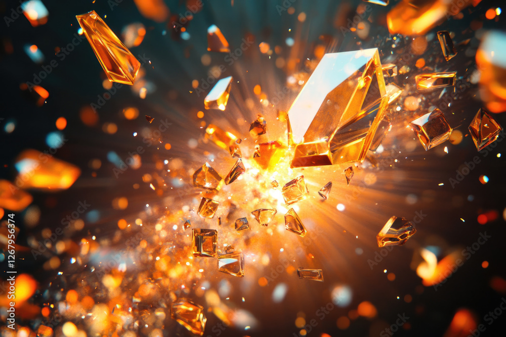 Poster Exploding shards of amber glass create a radiant, fiery spectacle of light and energy.