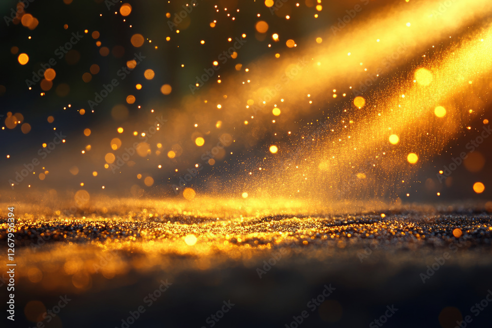 Poster golden glitter sparkles and light beams illuminate a dark surface, creating a magical, luxurious atm