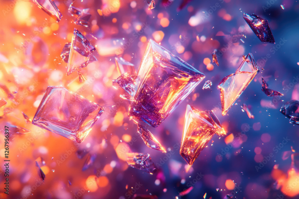 Poster shattered crystals explode in a vibrant, colorful burst of light and energy, creating a dazzling spe