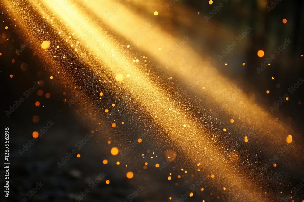 Poster Golden light rays illuminate dust particles, creating a magical, sparkling effect in a dark environment.
