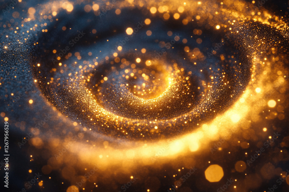 Poster golden glittering particles swirl in a mesmerizing cosmic dance, creating a vibrant and abstract art