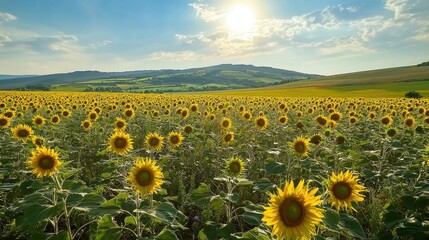 Obraz premium Lush Sunflower Field under Bright Blue Sky with Sun Rays Shining