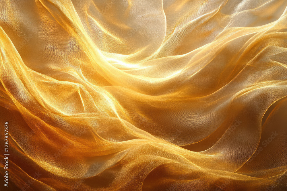 Aufkleber Golden fabric draped in soft waves, illuminated by warm light, creating a luxurious and elegant texture.