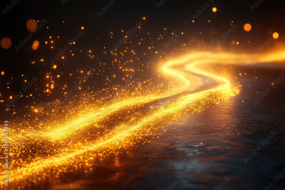 Poster A shimmering golden path of light and particles winds across a dark surface, creating a magical, ethereal scene.