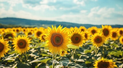 Obraz premium Bright Sunflowers Blooming in a Scenic Field Under a Blue Sky