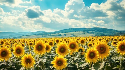 Fototapeta premium Vibrant Sunflower Field Under Bright Blue Sky with White Clouds