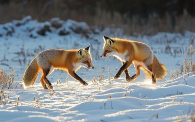 National Geographic Pair of Red Foxes playing in a snowy meadow, their fiery fur contrasting against the white frost, warm sunlight casting golden shadows