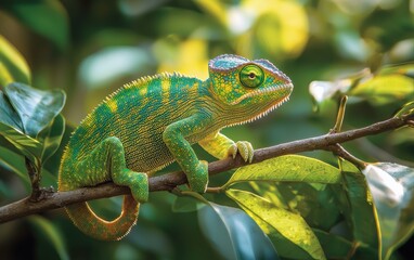 National Geographic Camouflaged Chameleon gripping a leafy branch, its skin shifting through vibrant shades of green and yellow