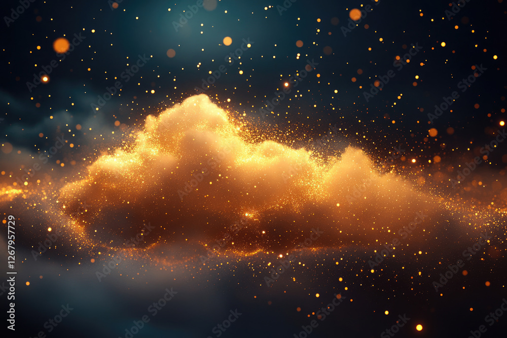 Poster a golden cloud of sparkling dust floats in a dark, starry night sky, creating a magical and ethereal