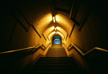 Fototapeta premium A long staircase descends into an underground space, with bright lights illuminating each step and emphasizing the architectural design.