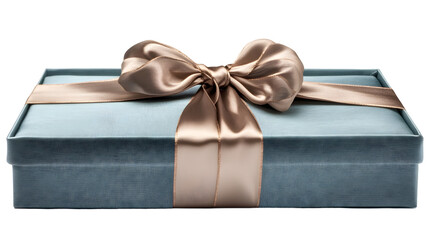 A blue gift box with a silky ribbon, wrapped for a special occasion.