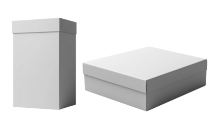 Minimalist white packaging boxes, one tall and one flat, ideal for branding